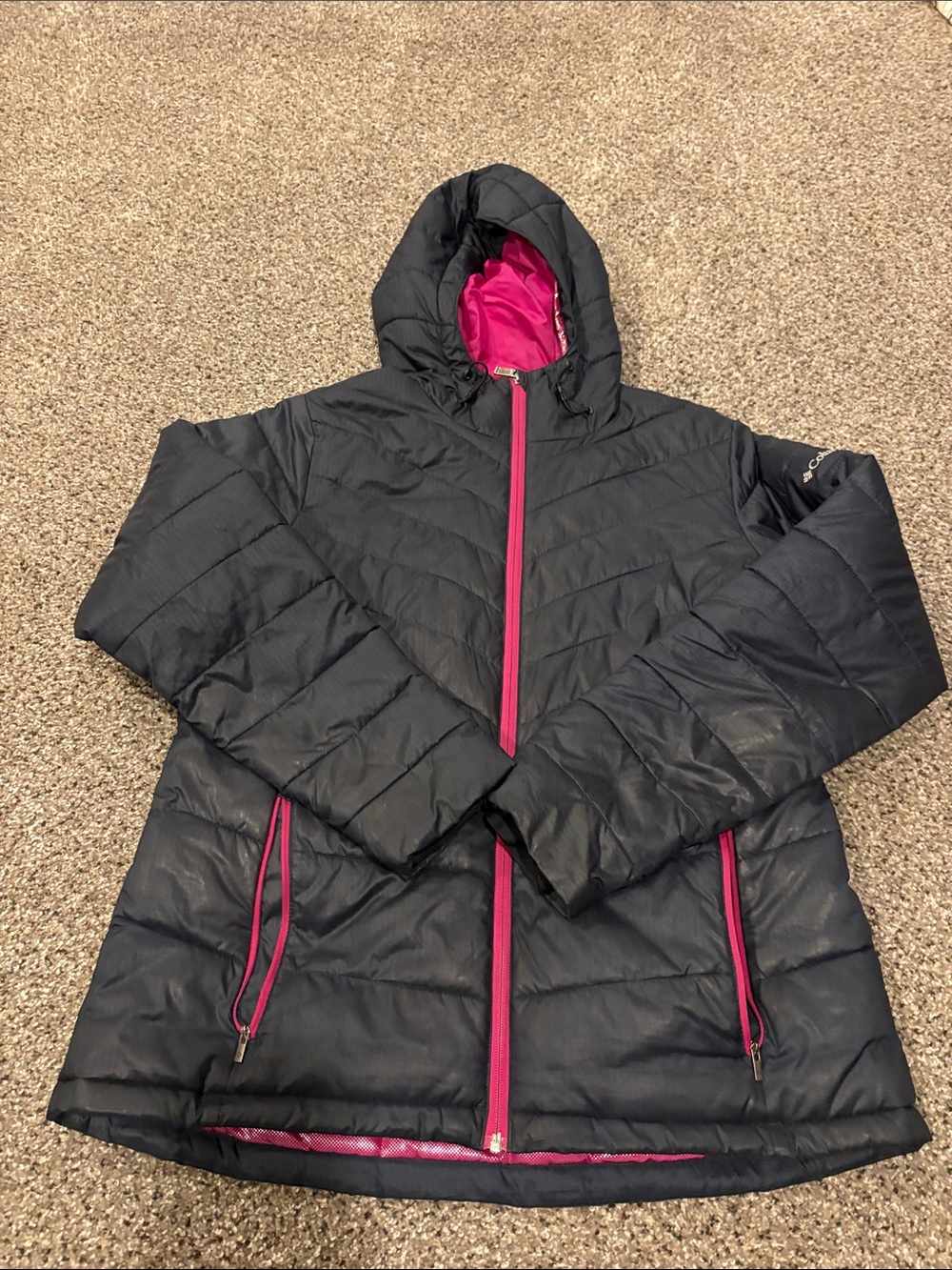Women's Black Hooded Puffer Jacket with Pink Trim